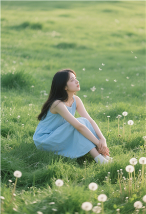 坐在草地上的清新女孩图片